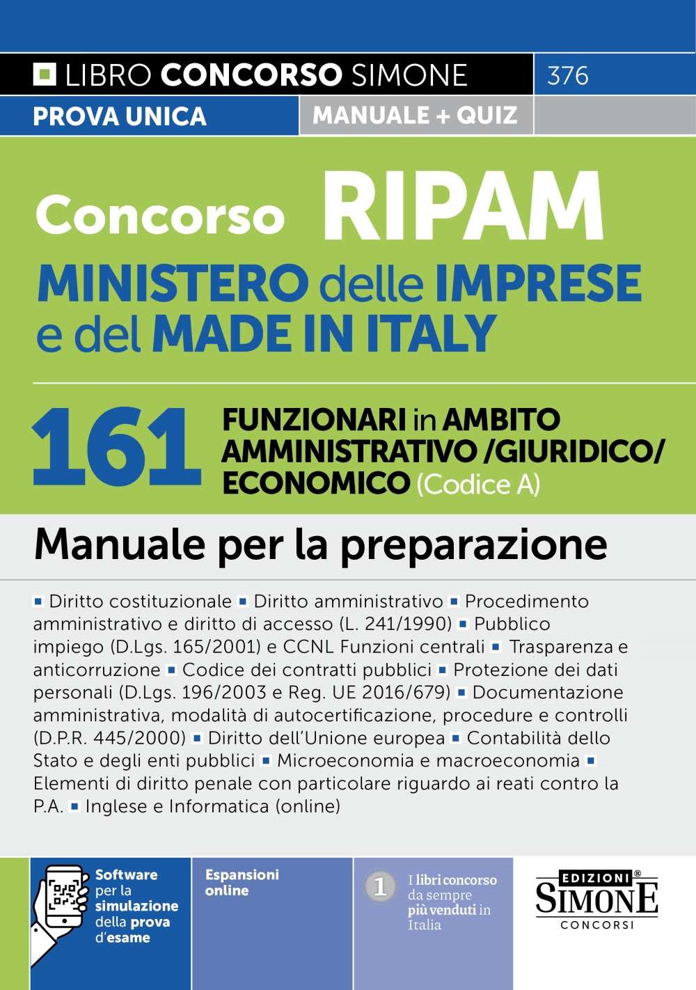 v376 Concorso RIPAM Ministero delle Imprese e del Made in Italy - 161 Funzionari in Ambito Amministrativo/Giuridico/Economico (Codice A) - Manuale - 376 - immagine 1
