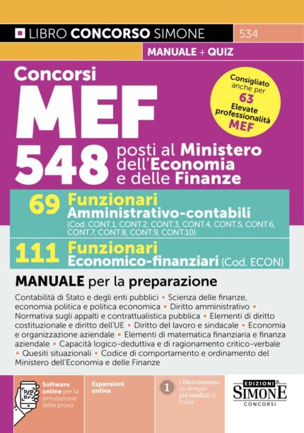 Concorsi MEF 548 posti - 69 Funzionari Amministrativo-contabili - 111 Funzionari Economico-finanziari